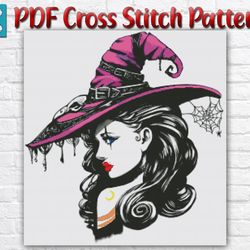 witch cross stitch pattern / halloween hat cross stitch pattern / spider web instant pdf cross stitch chart / woman hat