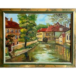prague painting, original framed painting, czech republic artwork, old town painting cityscape classic painting