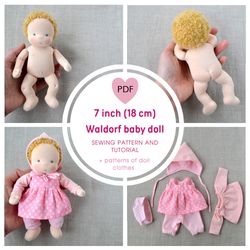 DIY Waldorf baby doll 7"/18 cm tall. PDF sewing pattern and tutorial. Patterns of doll clothes as a gift!