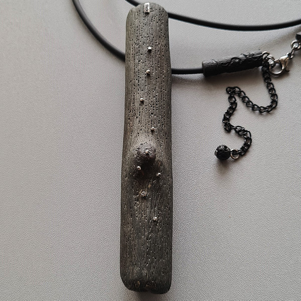 black pendant, wooden pendant, long pendant, rubber cord, silver drops 2