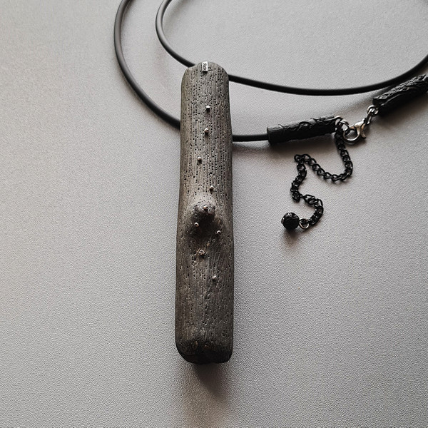 black pendant, wooden pendant, long pendant, rubber cord, silver drops
