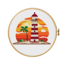 lighthouse on a sandy island - cross stitch pattern