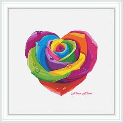 Cross stitch pattern Heart Rose flower rainbow silhouette art floral abstract colorful counted crossstitch patterns PDF