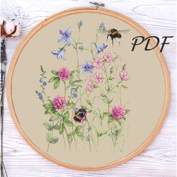 Cross stitch pattern pdf Bumblebees in wild flowers (with bells) cross stitch pattern pdf design for embroidery