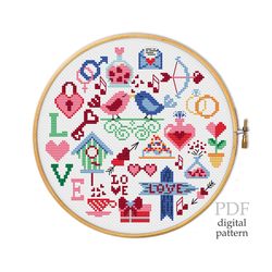 Round sampler Valentine for cross stitch pattern