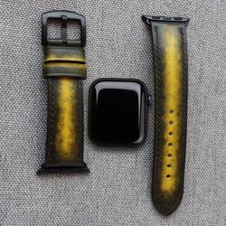 For Apple watch Black and Yellow strap, genuine leather, watchband handmade, for Apple Watch Series 8/7/6/SE/5/4/3/2/1