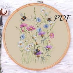 Cross stitch pattern pdf Bumblebees in wild flowers (in daisies) cross stitch pattern pdf design for embroidery