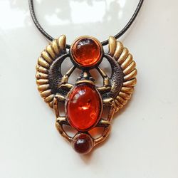 Egyptian Scarab Beetle Necklace Amber Gold Brass Amulet Pendant Jewelry Men Women Brutal Big Protection Pendant bug
