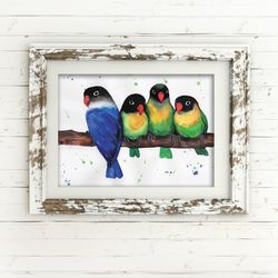 Lovebidrs watercolor, original birds art, bird painting parrots, birds watercolor, home decor by Anne Gorywine