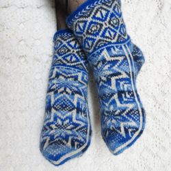 Hand knitted wool socks women's colorful Norwegian winter socks with snowflakes Christmas gift for Her