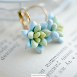 Blue succulent earrings, Succulents flower earrings, Cactus earrings, Green floral jewelry, Botanical earrings