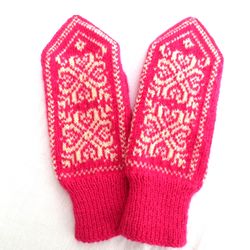 Winter mittens women hand knitted Norwegian snowflake mittens pink white mittens of merino wool Valentine's gift for Her