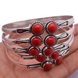 Red Coral Gemstone 2 Stone Traditional Bangle, Boho Bangle Jewelry, Friendship Bangle for Women Jewelry, Bangle For Gift