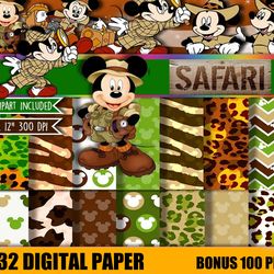 32 digital paper mickey safari clipart png, 100 mickey safari digital download