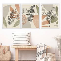 leaf print leaves line art set of 3 prints large poster digital download beige green wall art natural art abstract art