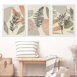 Leaf Print Leaves Line Art Set of 3 Prints Large Poster Digital Download Beige Green Wall Art Natural Art Abstract Art