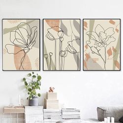 Flowers Prints Set of 3 Print Large Poster Digital Download Beige Green Wall Art Abstract Art Floral Art Flower Line Art