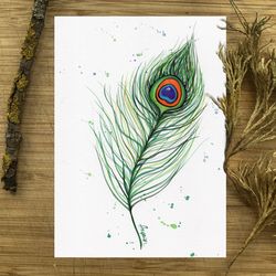 Feather watercolor download poster, download printable peacock wall decor, digital watercolor print by Anne Gorywine