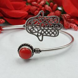 1 PC Red Coral Gemstone One Stone Cuff Hamsa Bangle, Good Energy Adjustable Bangle Jewelry, Bangle for Women Jewelry