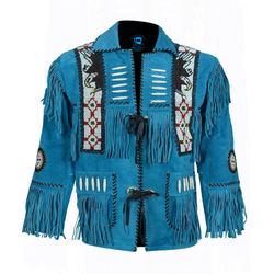Western Cowboy Aqua Blue Suede Leather Fringes & Beads Coat