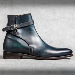 Men's Handmade Black & Blue Leather Buckle Strap Ankle Jodhpur Boots