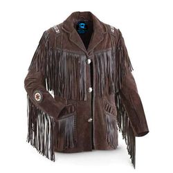 Western Cowboy Suede Leather Fringes & Beads Coat Coffee Brown