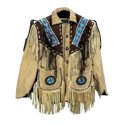 Western Cowboy Suede Leather Fringes & Beads Coat Beige