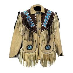 western cowboy suede leather fringes & beads coat beige