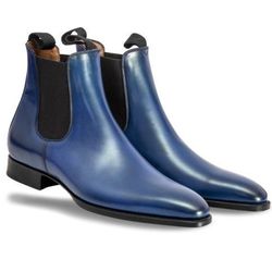 Men's Handmade Blue Leather Ankle Chelsea Boots