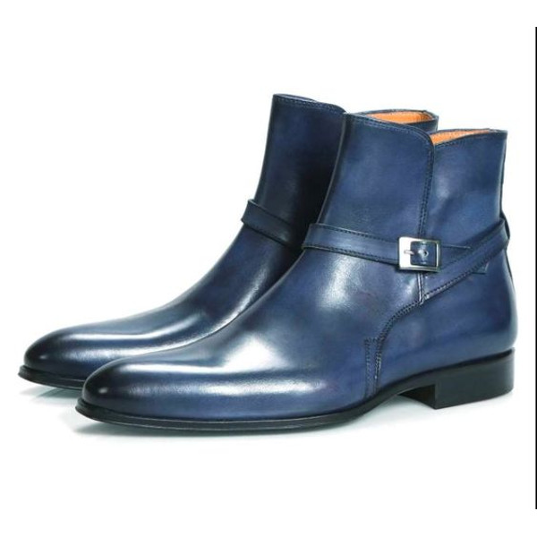 Men's Handmade Blue Leather Buckle Strap Ankle Jodhpur Boots.jpg