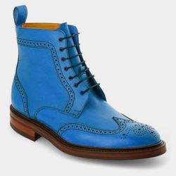 Men's Handmade Blue Leather Oxford Brogue Wingtip Lace Up Derby Boots