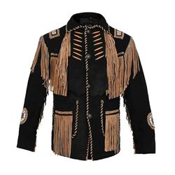 Western Cowboy Black Brown Suede Leather Fringes & Beads Coat