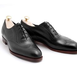 Men's Handmade Black Leather Wing Tip Oxford Lace Up Shoes