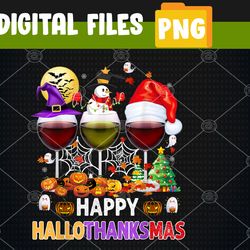 Happy Hallothanksmas Wine Glasses Witch Santa Hat Pumpkin PNG, Digital Download