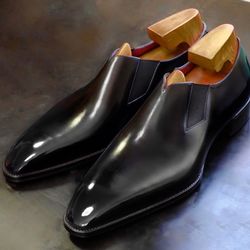 Men's Handmade Black Patina Leather One Piece  Dress Shoes