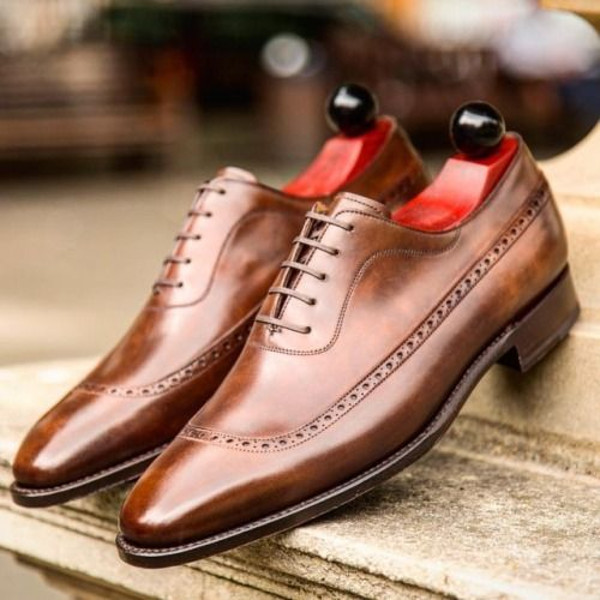 Men's Handmade Brown Leather Oxford Brogue Lace Up Dress Shoes.jpg