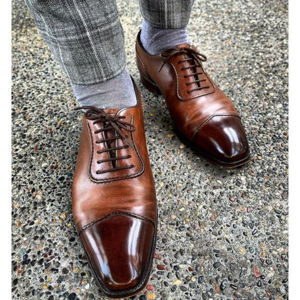 Men's Handmade Brown Patina Leather Oxford Toe Cap Lace Up Dress Shoes.jpg
