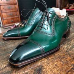 Men's Handmade Green Leather Oxford Brogue Toe Cap Lace Up Dress Shoes