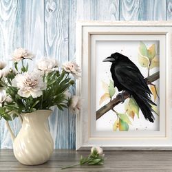 Raven watercolor, original birds art, bird painting crow, birds watercolor, home decor by Anne Gorywine