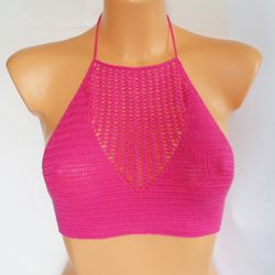 Crochet Lace Bikini Swimsuit Pink Two Piece High Waist Bikini Set Women's Handmade Sexy Swimsuit Gift for Her
