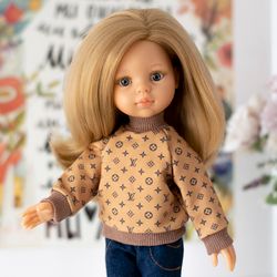 Fashionable sweatshirt for Paola Reina doll, Siblies Ruby Red, Little Darling, 13 inch doll clothes, brown doll outfit