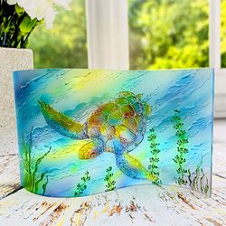 Glass Wave Art Stained Glass Turtle Painted Glass Panel Sun catcher Glass Screen Blue Sea Turtle