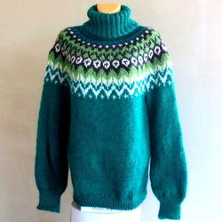 Mohair Icelandic Sweater Lopapeysa Hand Knitted Riddari Sweater with Patterned Round Yoke Seamless Turtleneck Pullover