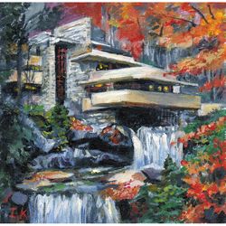 House over the waterfall, designed by American architect Frank Lloyd Wright. Original acrylic 6x6''