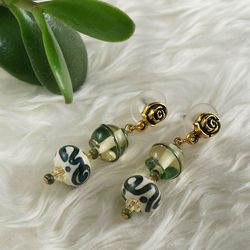 Yellow Green Lampwork Murano Glass Earrings Spiral Golden Rose Stud and Dangle Handmade Beaded Earrings Jewelry 7092