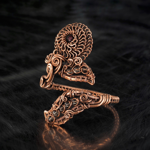 smoky quartz garnet wirewrapart wire wrap art pure copper wire wrapped bracelet bangle handmade jewelry weaved jewellery antique style art 7th 22nd anniversary