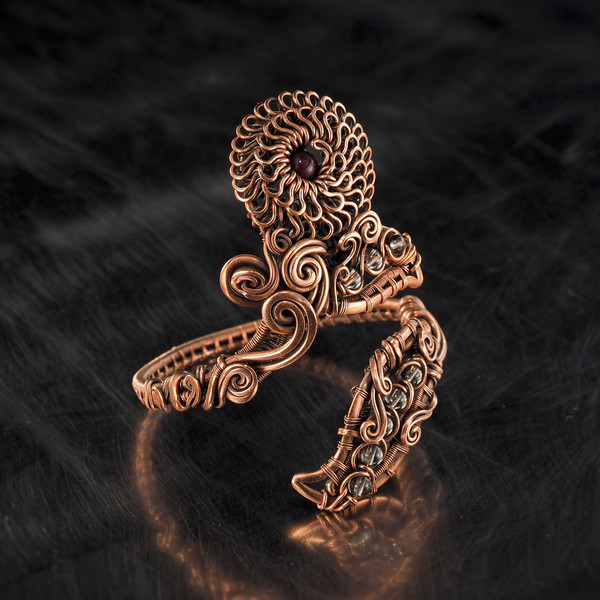 smoky quartz garnet wirewrapart wire wrap art pure copper wire wrapped bracelet bangle handmade jewelry weaved jewellery antique style art 7th 22nd anniversary
