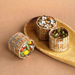 Doll miniature barrels with pickles set of 3 pieces for playing dolls, dollhouse, scale 1:12