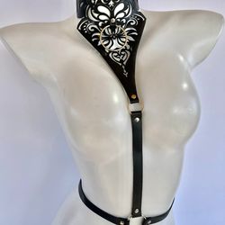 women's genuine leather harness, leather harness, bdsm harness, chest harness, whip and cake. laser cut leather harness