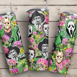 happy patrick's day, patrick shamrock horror killers 20oz skinny tumbler wrap, watercolor shamrock and flower, ghost